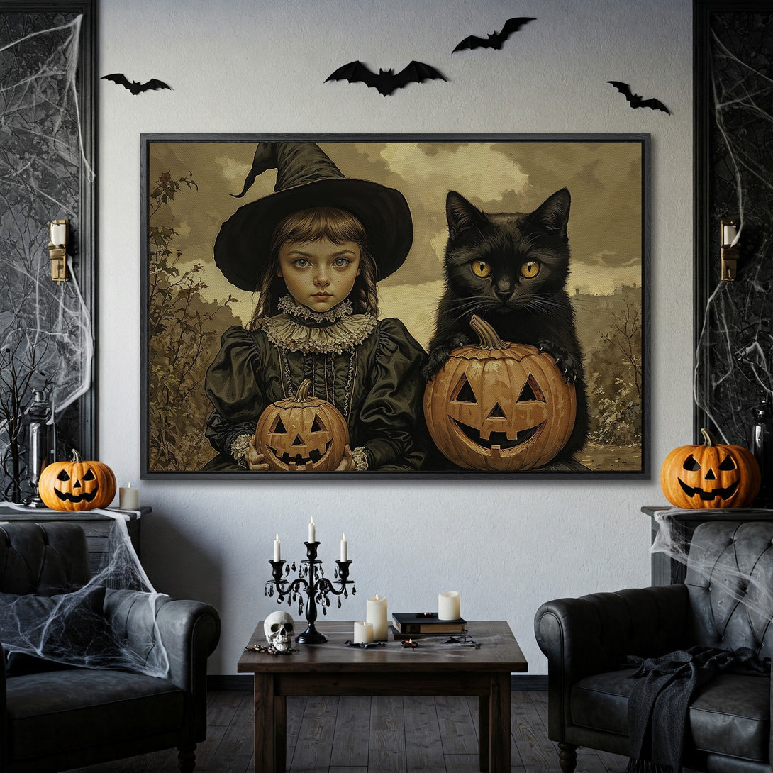 Framed Wall Art: Spooky Halloween witch & black cat with pumpkins. Vintage style, warm neutral tones. Perfect for seasonal decor.