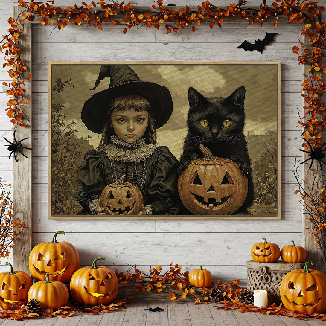 Framed Wall Art: Spooky witch & black cat with pumpkins, vintage style, sepia & orange color palette. Perfect Halloween decor!