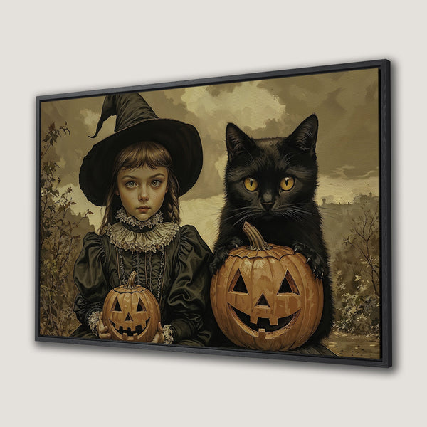 Framed Wall Art: Spooky Halloween scene with witch, black cat, and pumpkins. Vintage style, sepia tones, perfect for seasonal decor.