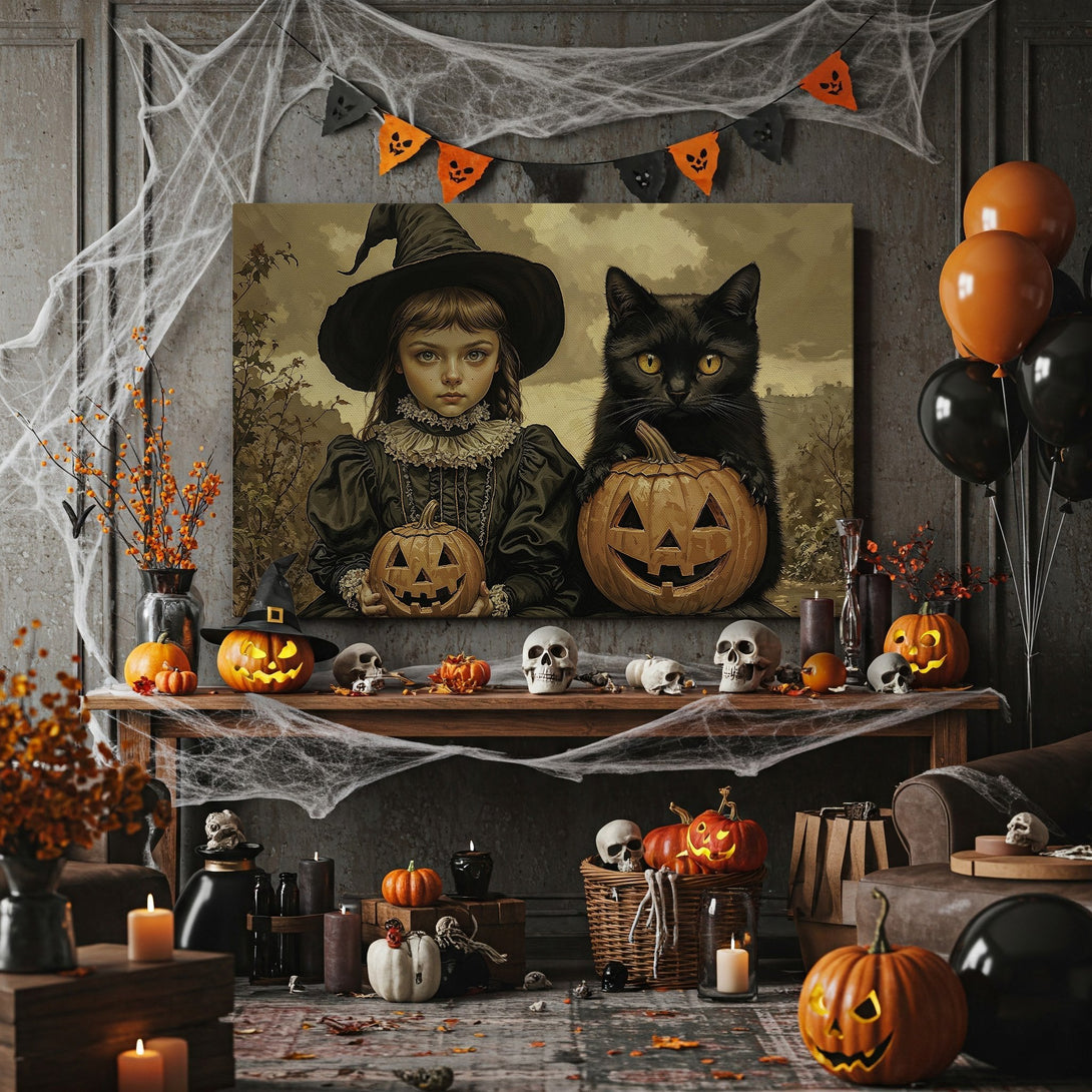 Framed Wall Art: Spooky Halloween scene with witch, black cat, and pumpkins. Vintage style, warm color palette. Perfect fall decor!