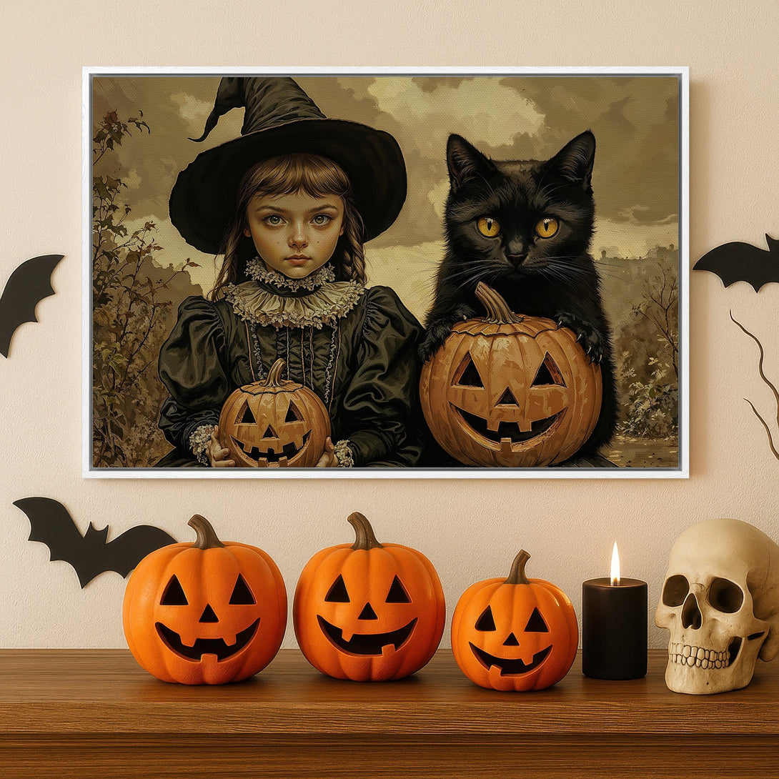Framed Wall Art: Spooky Halloween scene with a witch, black cat, and pumpkins. Vintage style art with a muted color palette, perfect for seasonal decor.