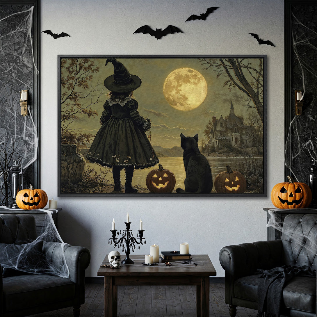 Framed Wall Art: Spooky Halloween scene with witch, cat, and pumpkins in muted tones. Perfect for adding a touch of eerie charm to your home.