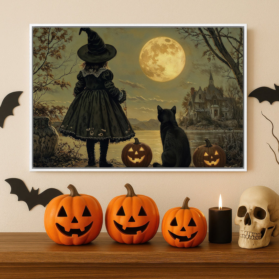 Framed Wall Art: Spooky Halloween scene with witch, black cat, and pumpkins. Vintage style, moody color palette. Perfect for Halloween decor!