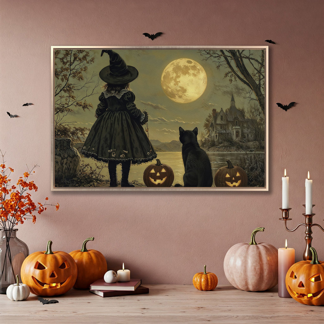 Framed Wall Art: Spooky Halloween scene with witch, cat, and pumpkins. Vintage style, warm color palette. Perfect for fall decor!