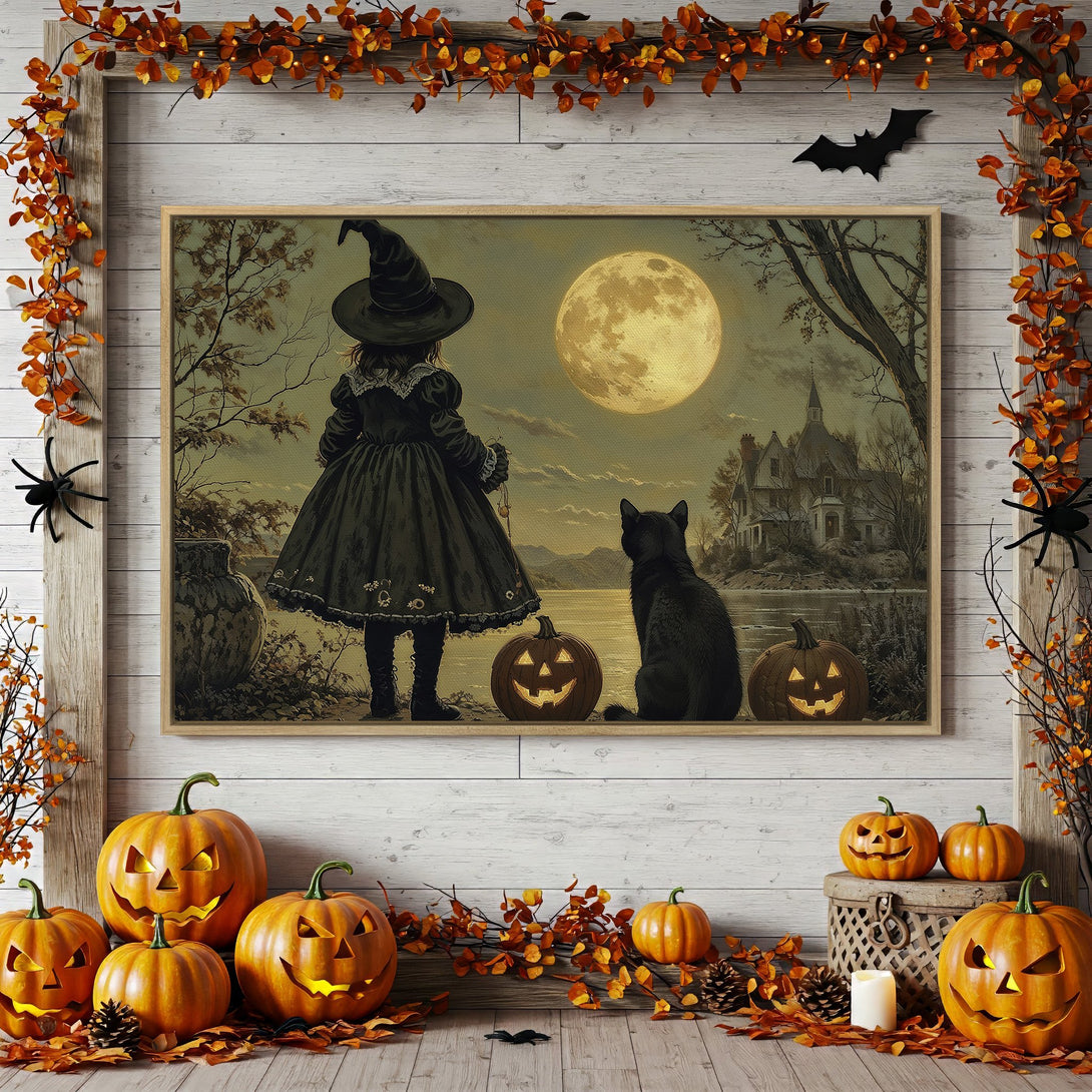 Framed Wall Art: Spooky Halloween scene with witch, cat, and pumpkins. Vintage style, warm color palette. Perfect fall decor.