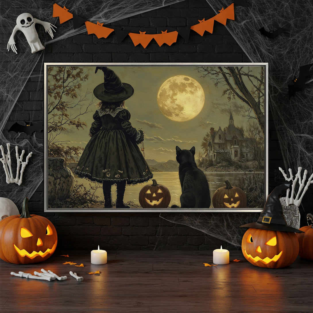 Framed Wall Art: Spooky Halloween scene with a witch, black cat, and pumpkins, in a vintage style with a muted color palette. Perfect for Halloween decor!