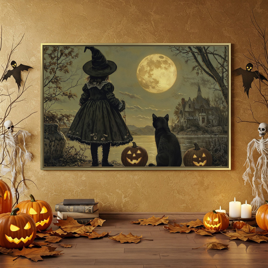 Canvas Print featuring a witch and black cat under a full moon, in a vintage Halloween scene. Warm orange and black palette.