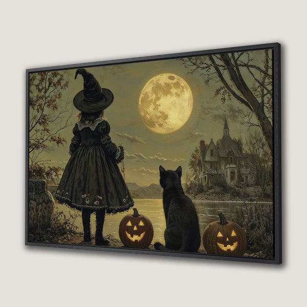 Framed Wall Art: Spooky Halloween scene with a witch, black cat, and pumpkins under a full moon. Vintage style, muted color palette perfect for fall decor.