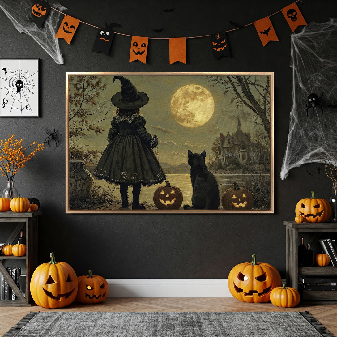 Framed Wall Art: Spooky Halloween scene with witch, cat, and pumpkins. Vintage style, muted tones, perfect for seasonal decor. Add a touch of magic!