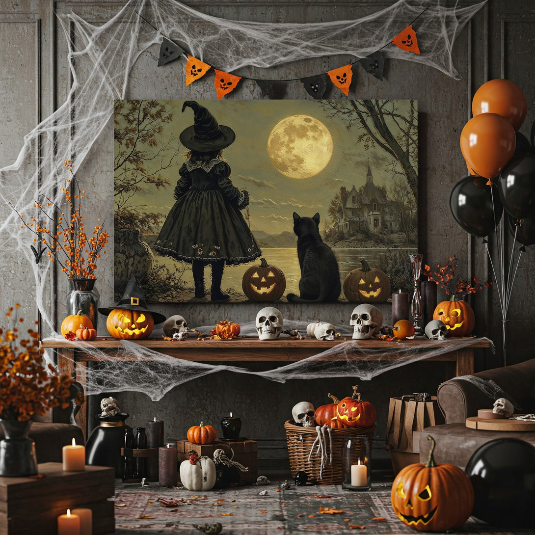 Framed Wall Art: Spooky Halloween scene with witch, black cat, and pumpkins. Vintage style, moody color palette. Perfect for fall decor!