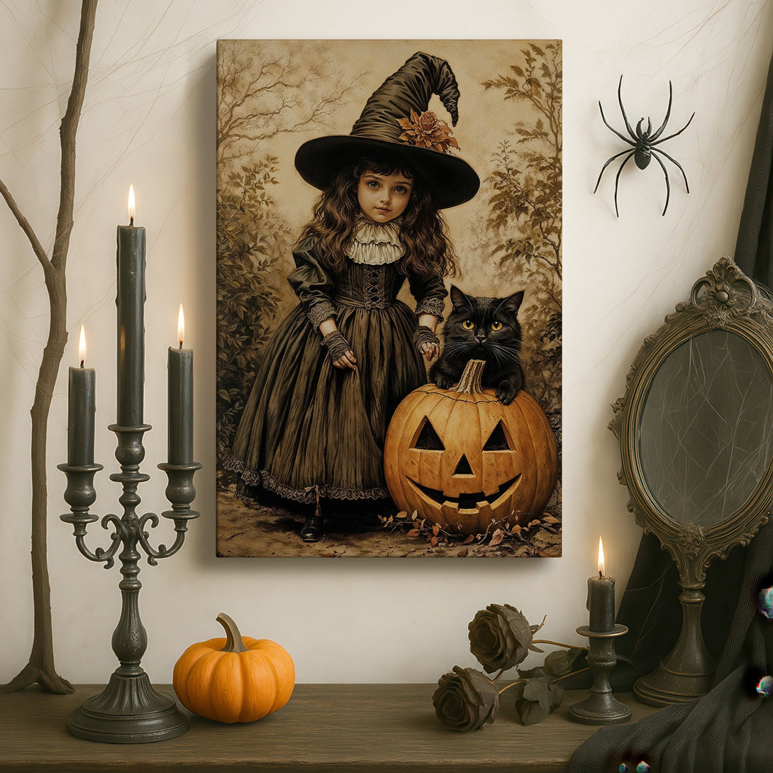 Framed Wall Art: Spooky Halloween witch portrait, vintage style, warm sepia tones. Perfect for adding a touch of gothic charm to your home decor.