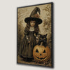 Witch Girl and Cat Canvas Print with Spooky Pumpkin