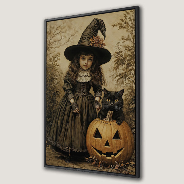 Framed Wall Art featuring a vintage-style Halloween scene. A young girl in a witch hat stands with a black cat and carved pumpkin, in a sepia-toned palette.