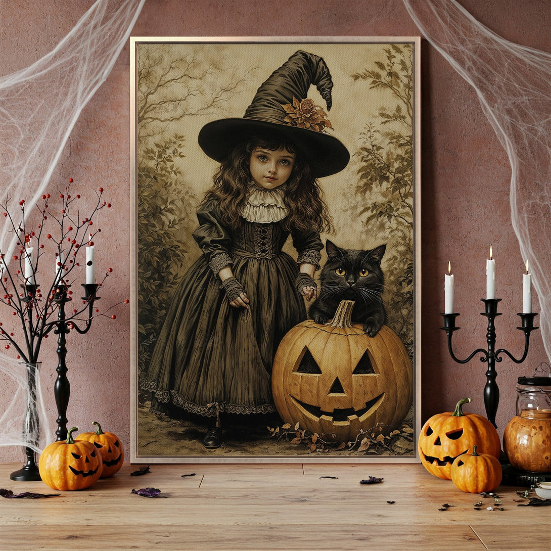 Framed Wall Art: Vintage Halloween witch portrait with black cat, pumpkin, and sepia tones. Spooky decor for your home.