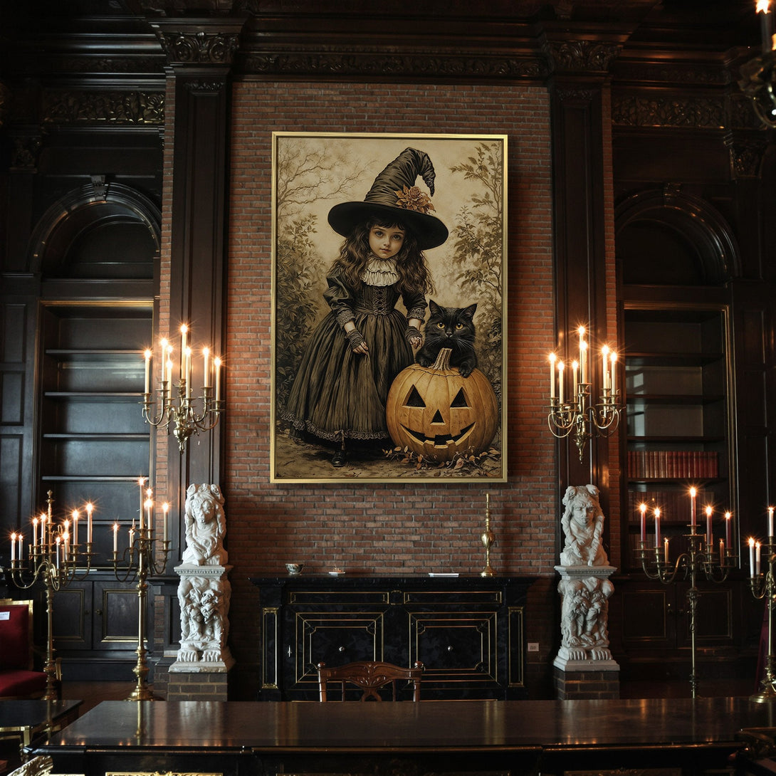 Canvas Print: Spooky vintage Halloween art featuring a girl witch, black cat, and pumpkin. Sepia tones create a gothic, antique aesthetic. Perfect for Halloween decor.