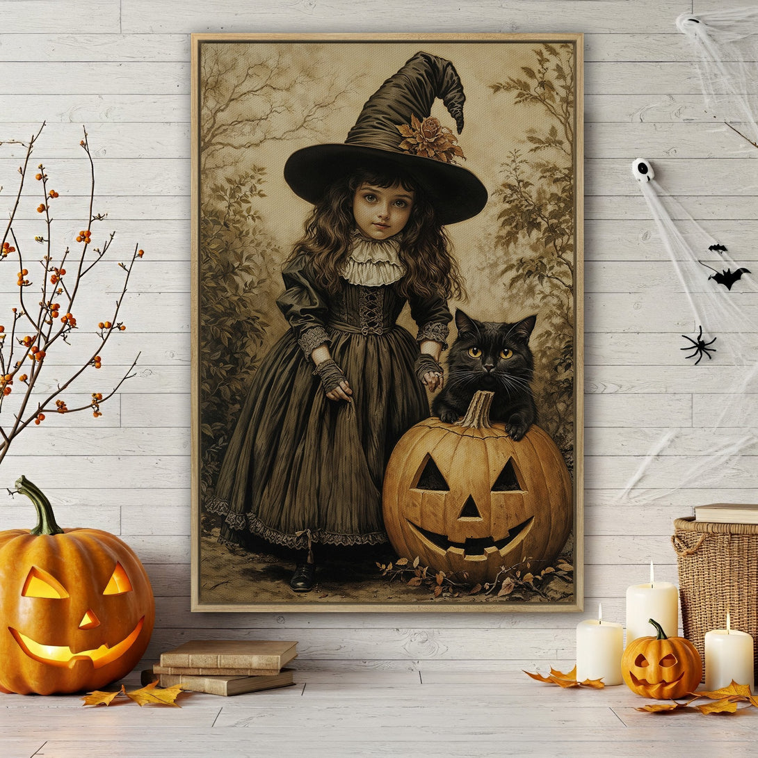 Framed Wall Art: Vintage Halloween illustration of a witch girl and black cat on a pumpkin, sepia tones. Perfect spooky decor for your home!