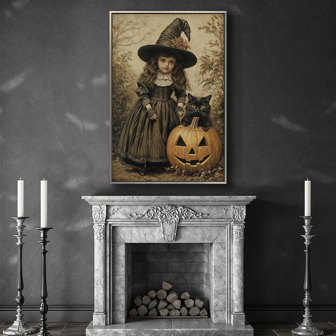 Framed Wall Art: Vintage Halloween witch portrait with a black cat and pumpkin, sepia tones, perfect for spooky decor.