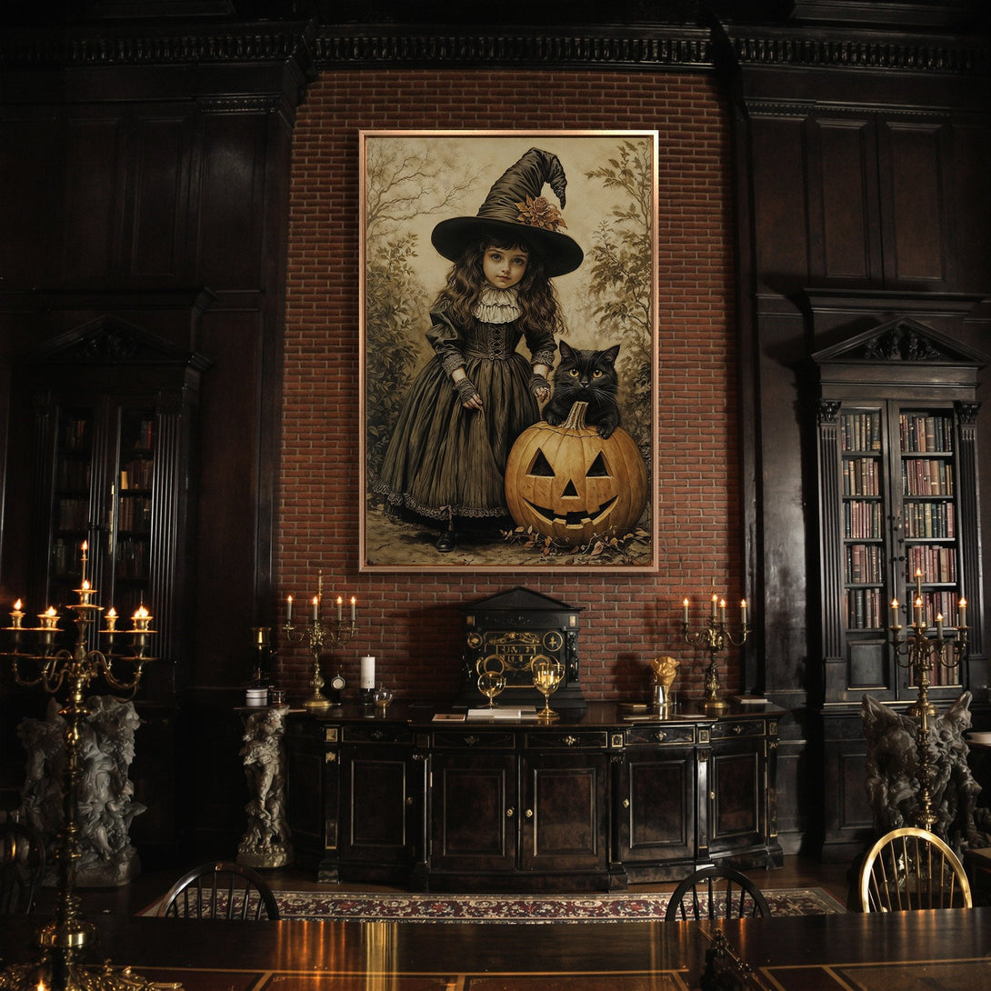 Framed Wall Art: Spooky Halloween witch portrait in sepia tones. Vintage style Canvas Print with a girl, cat, and pumpkin in a dark interior.