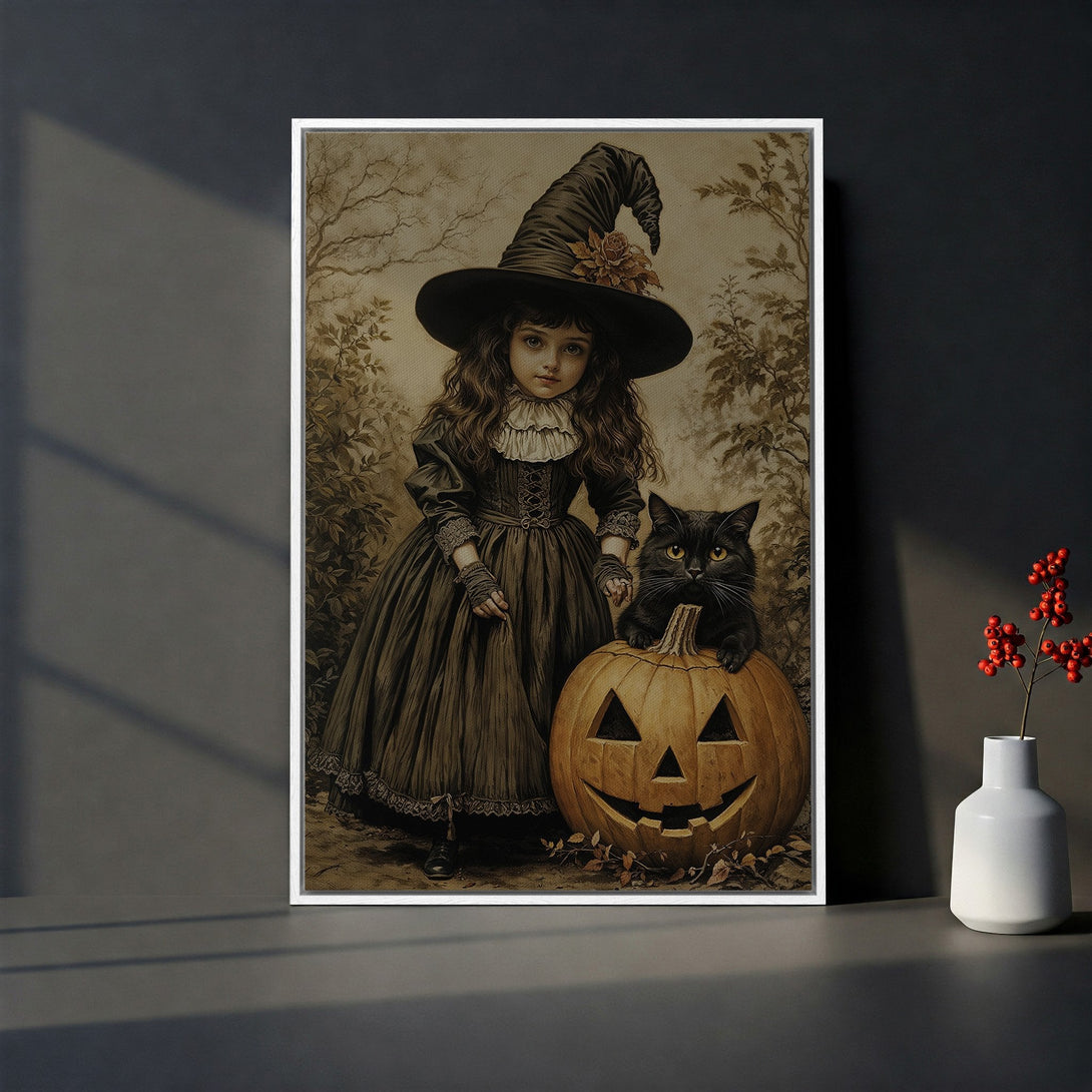 Framed Wall Art: Vintage Halloween print of a girl in a witch hat with a black cat and pumpkin. Sepia tones create a spooky, yet charming aesthetic.