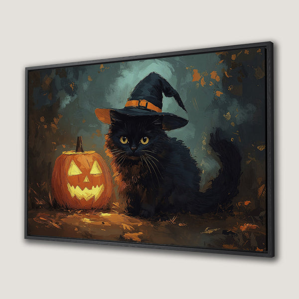 Framed Wall Art: Halloween black cat in witch hat with pumpkin. Dark teal & orange palette, impressionist style. Perfect spooky decor!