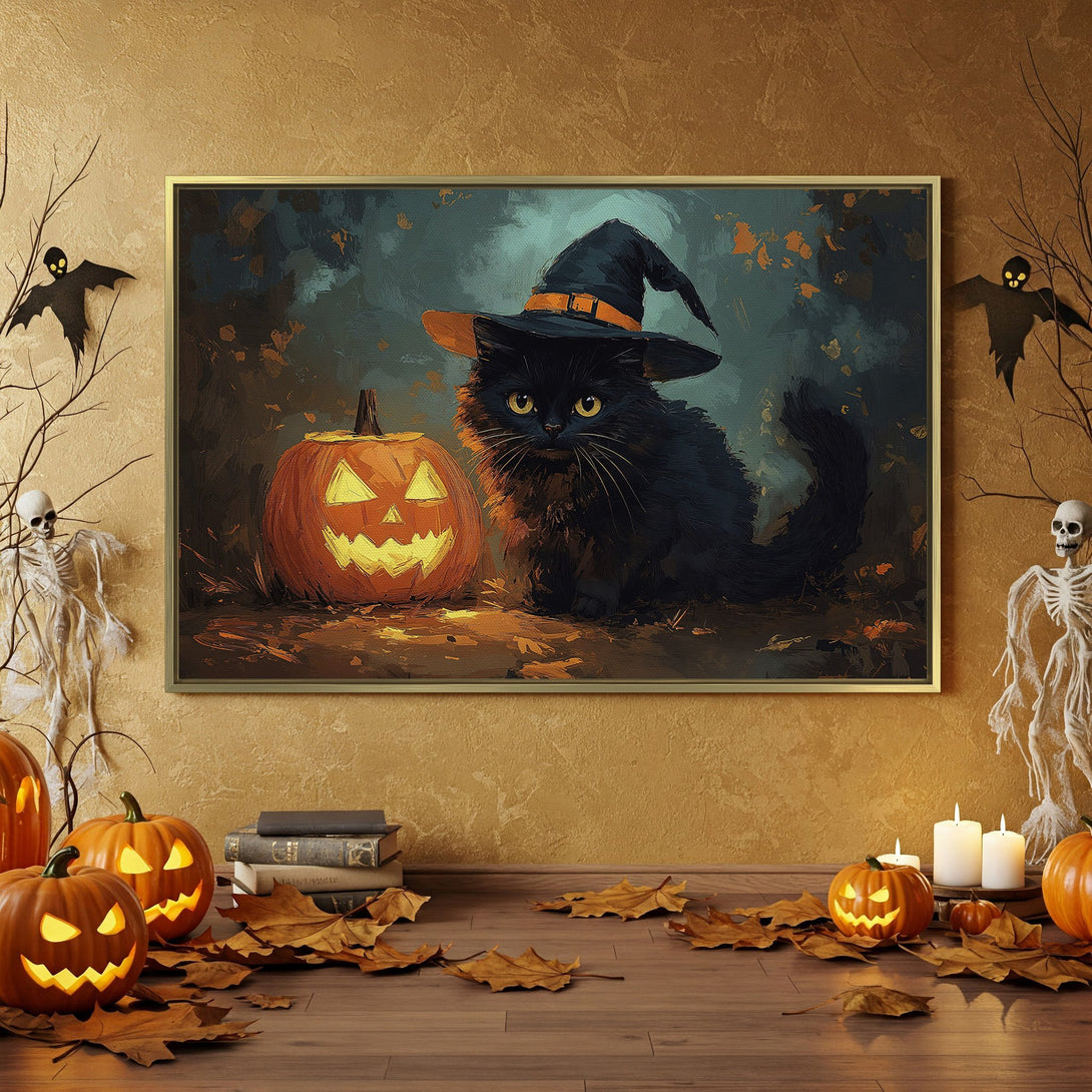 Halloween Canvas Print featuring a black cat in a witch hat, pumpkin, and moody color palette. Perfect spooky wall art!