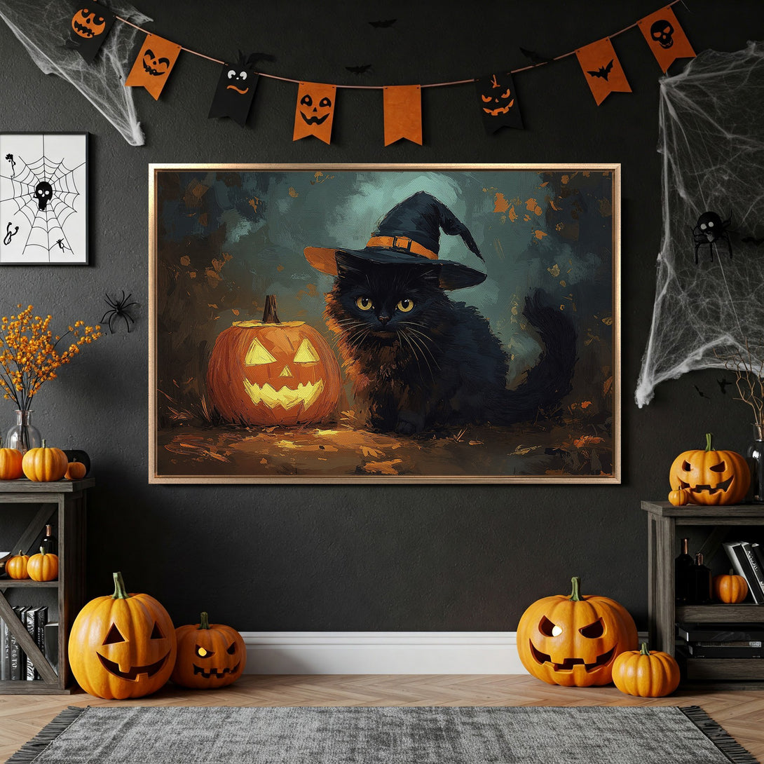 Framed Wall Art: Halloween-themed painting of a black cat in a witch hat with a jack-o'-lantern. Warm orange and dark teal color palette, perfect for spooky decor.