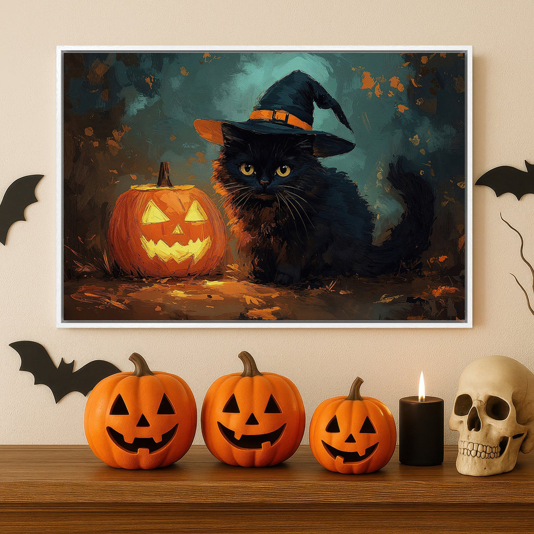 Framed Wall Art: Spooky Halloween black cat in witch hat with pumpkin. Dark teal, orange, and brown palette. Perfect for seasonal decor.
