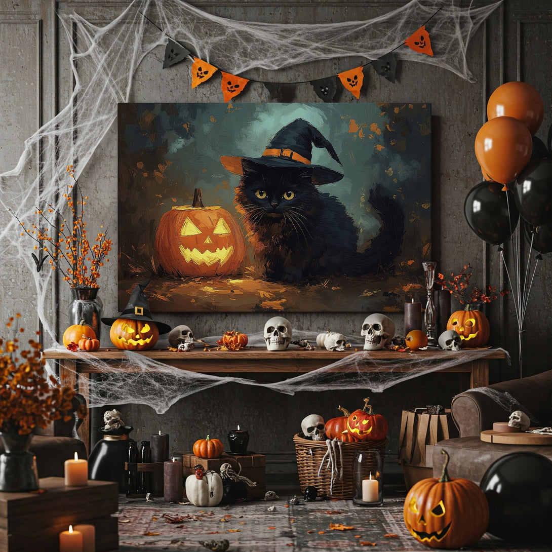 Framed Wall Art: Spooky Halloween cat in witch hat with pumpkin. Dark, painterly style with orange, black, and teal color palette. Perfect fall decor.