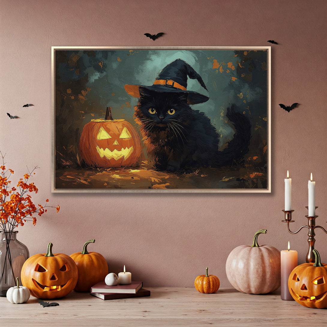 Framed Wall Art: Spooky Halloween scene with a black cat in a witch hat and jack-o'-lantern. Dark, moody color palette. Perfect for fall decor!