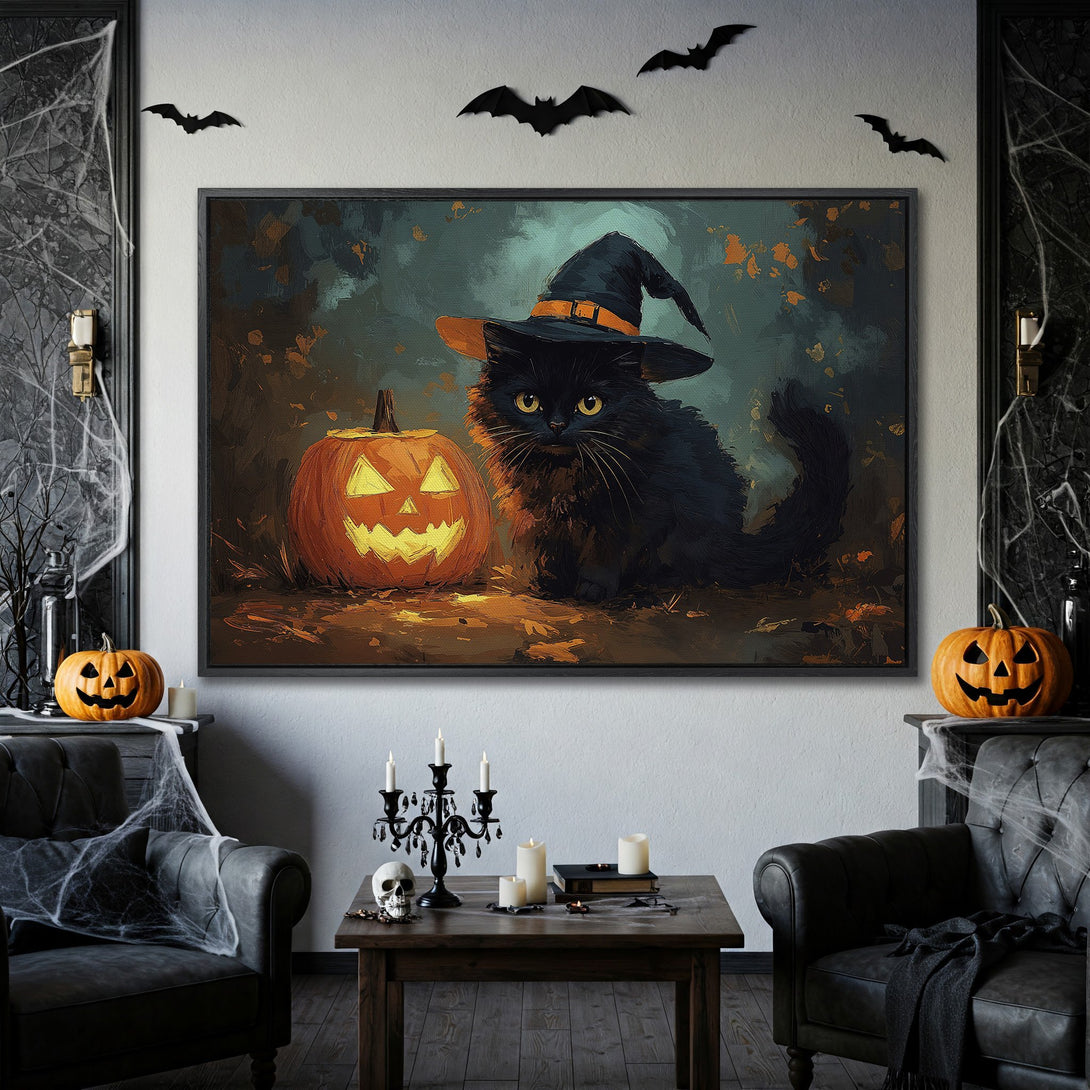 Framed Wall Art: Halloween cat & pumpkin painting. Dark, moody color palette. Perfect spooky home decor.