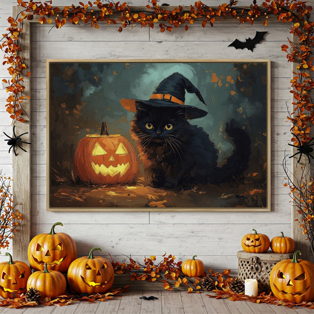 Framed Wall Art: Halloween black cat & pumpkin painting in rich orange, teal, and brown palette. Perfect spooky decor for your home.