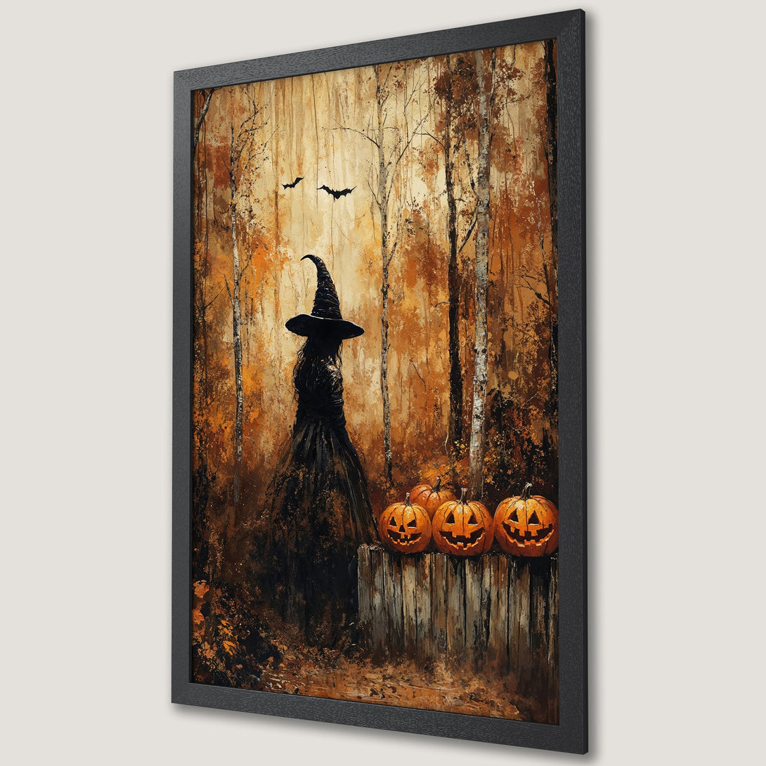Framed Poster featuring a witch in an autumn forest with pumpkins. Impressionistic style, warm orange and brown color palette. Perfect Halloween decor.