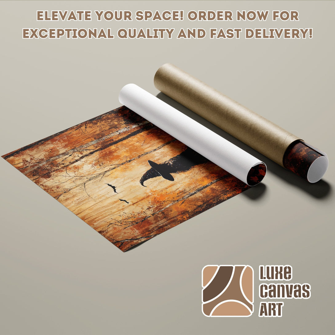 Poster Roll featuring a witch silhouette in an autumnal style with a warm color palette. Elevate your space!