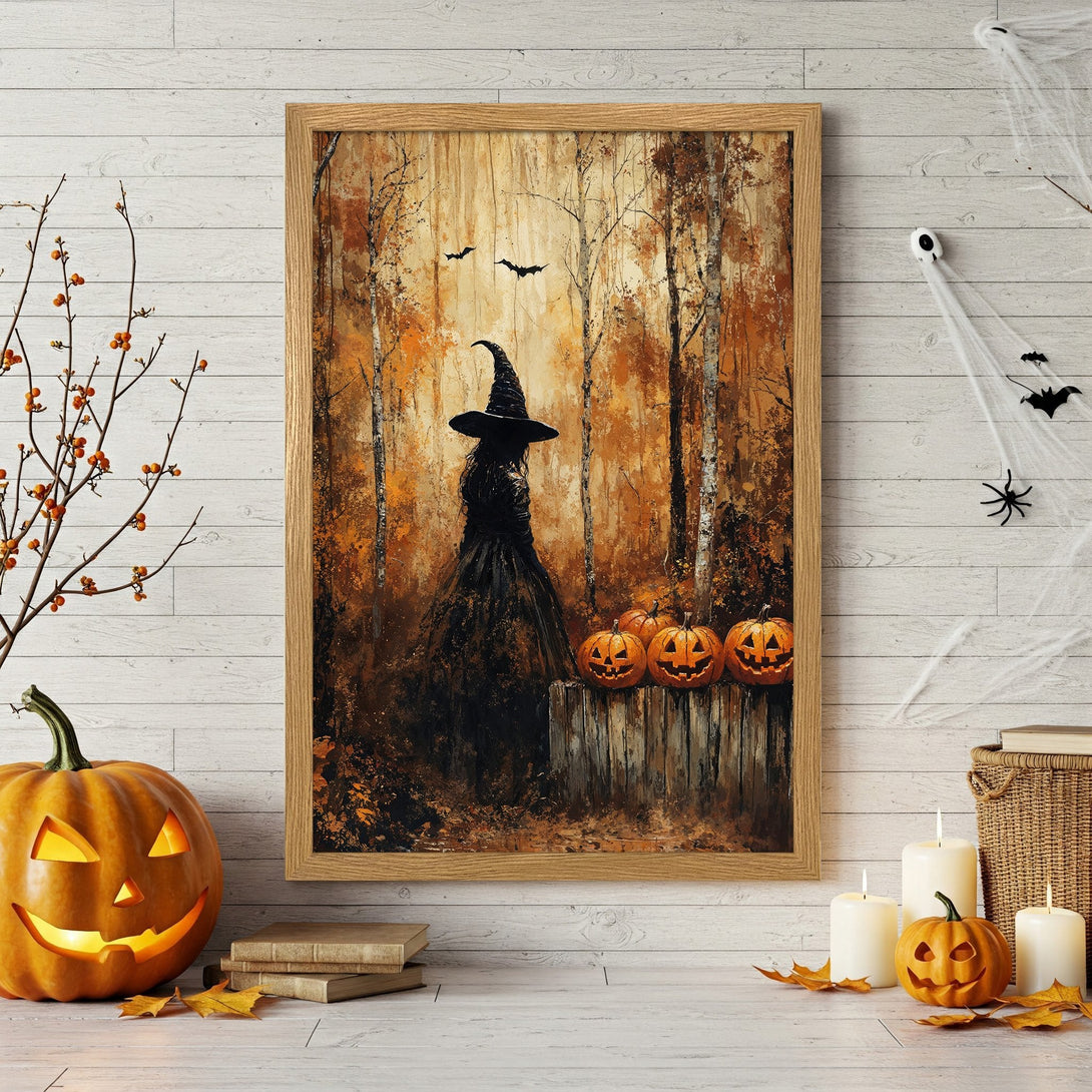 Framed Poster featuring a witch in an autumnal forest, warm orange and brown tones, perfect Halloween decor.