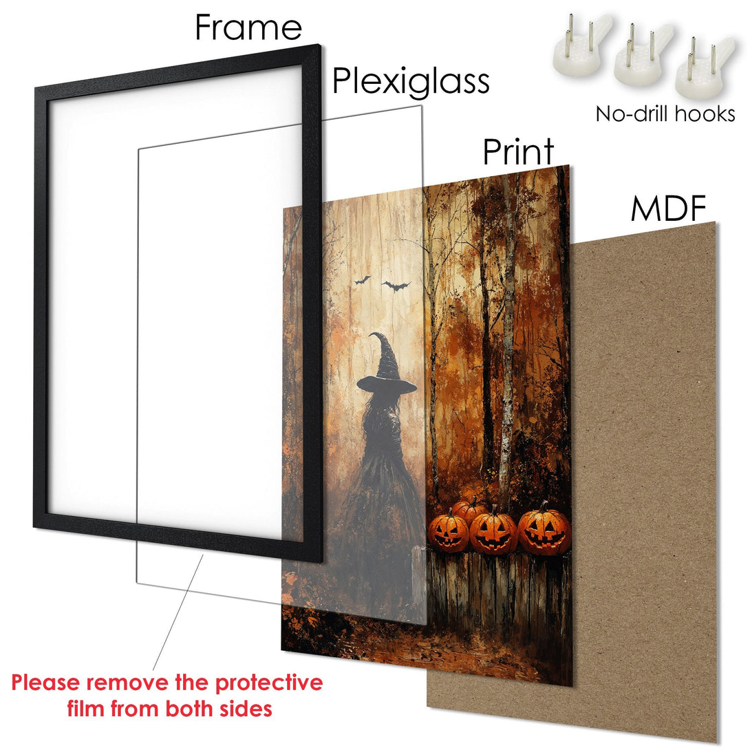 Framed Poster featuring a witch in a forest scene with pumpkins. Warm autumnal color palette, perfect Halloween decor.
