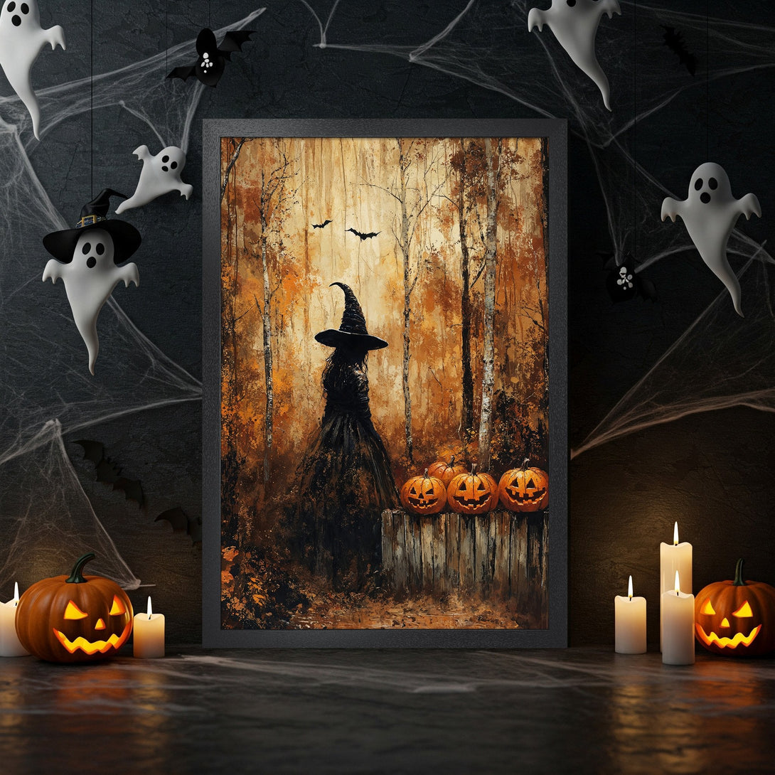 Framed Poster featuring a witch in a spooky forest, with an orange and brown color palette, perfect for Halloween decor.
