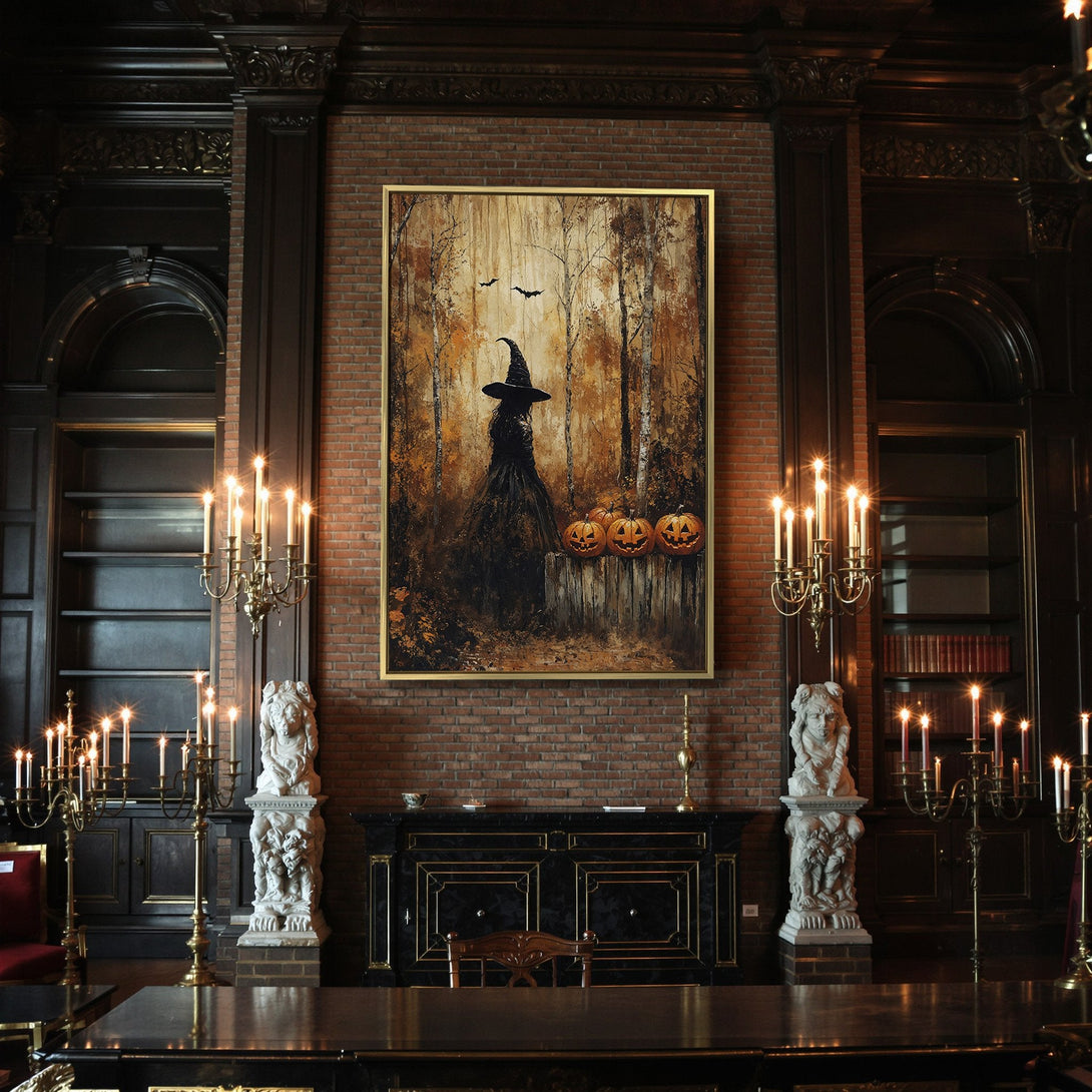 Canvas Print: Witch in autumn forest painting, warm orange & brown tones. Spooky Halloween wall art for your home decor.