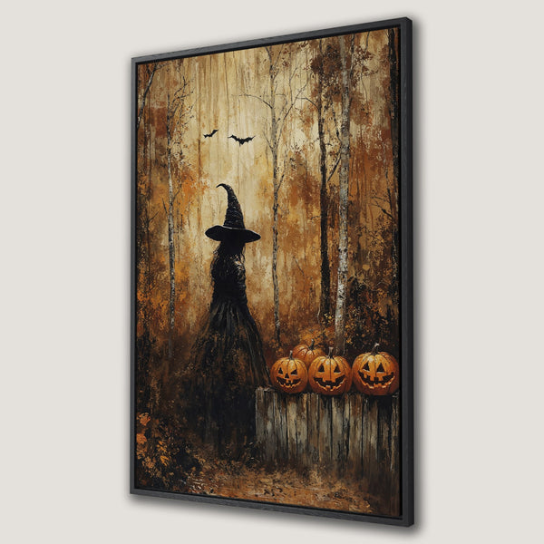 Framed Wall Art: Spooky Halloween witch in a forest with pumpkins. Dark, moody painting with warm brown and black color palette. Perfect for fall decor.
