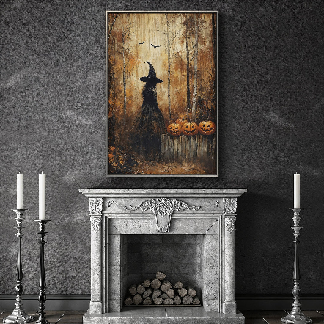 Framed Wall Art: Spooky witch in a forest scene with warm autumn colors. Perfect Halloween decor. Canvas Print for a touch of eerie elegance.