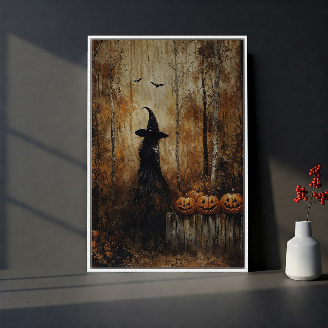 Framed Wall Art: Spooky Halloween witch scene in warm brown tones. Perfect autumn decor! Add a touch of mystery to your home with this canvas print.