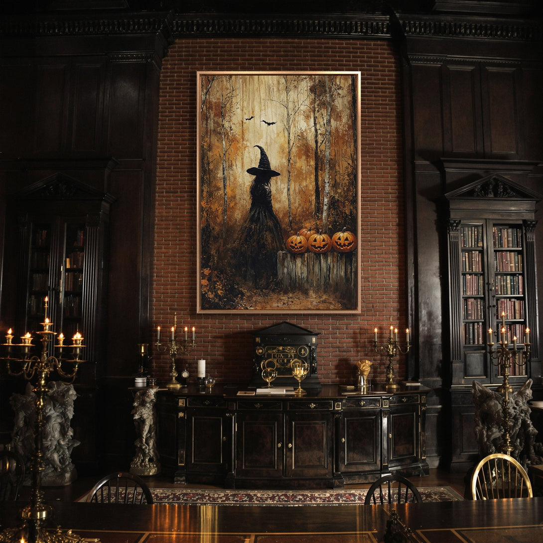 Framed Wall Art: Spooky witch in a forest painting, warm autumn color palette. Perfect Halloween decor for a gothic interior. Shop now!
