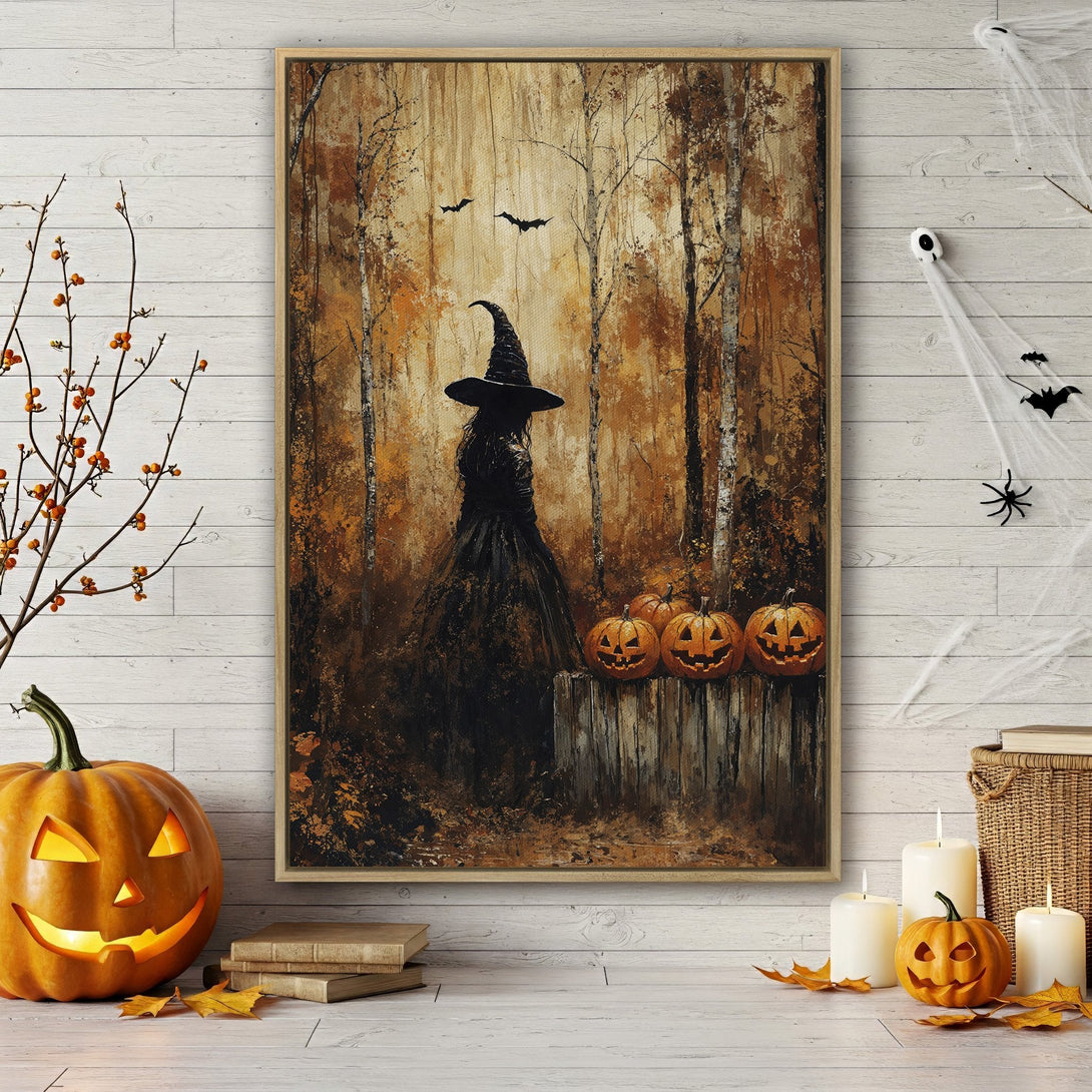 Framed Wall Art: Spooky witch in a forest, autumn color palette. Perfect Halloween decor! Add this canvas print to your home for a touch of mystery.