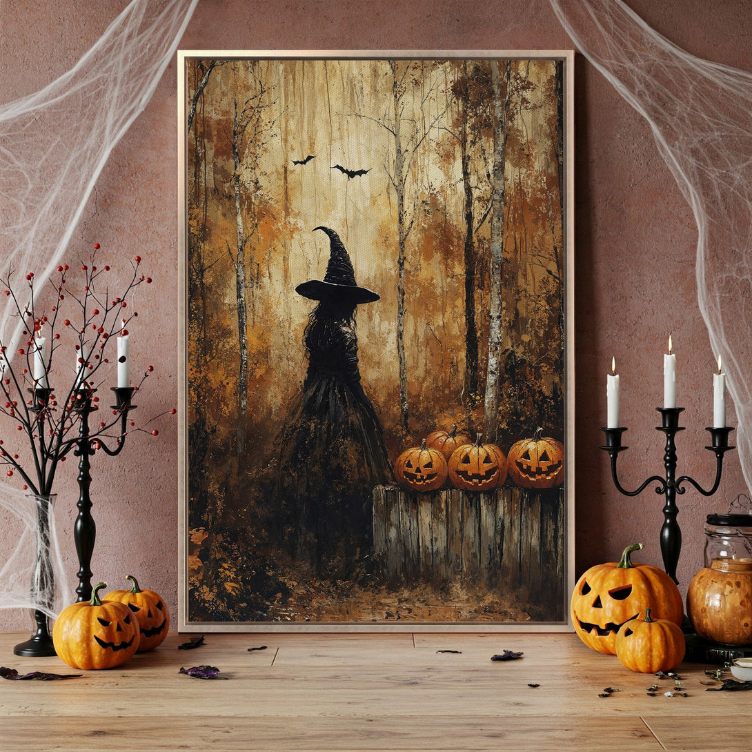 Framed Wall Art: Spooky witch painting in autumnal tones. Perfect Halloween decor. Featuring a witch in a forest with pumpkins. Warm, inviting color palette.