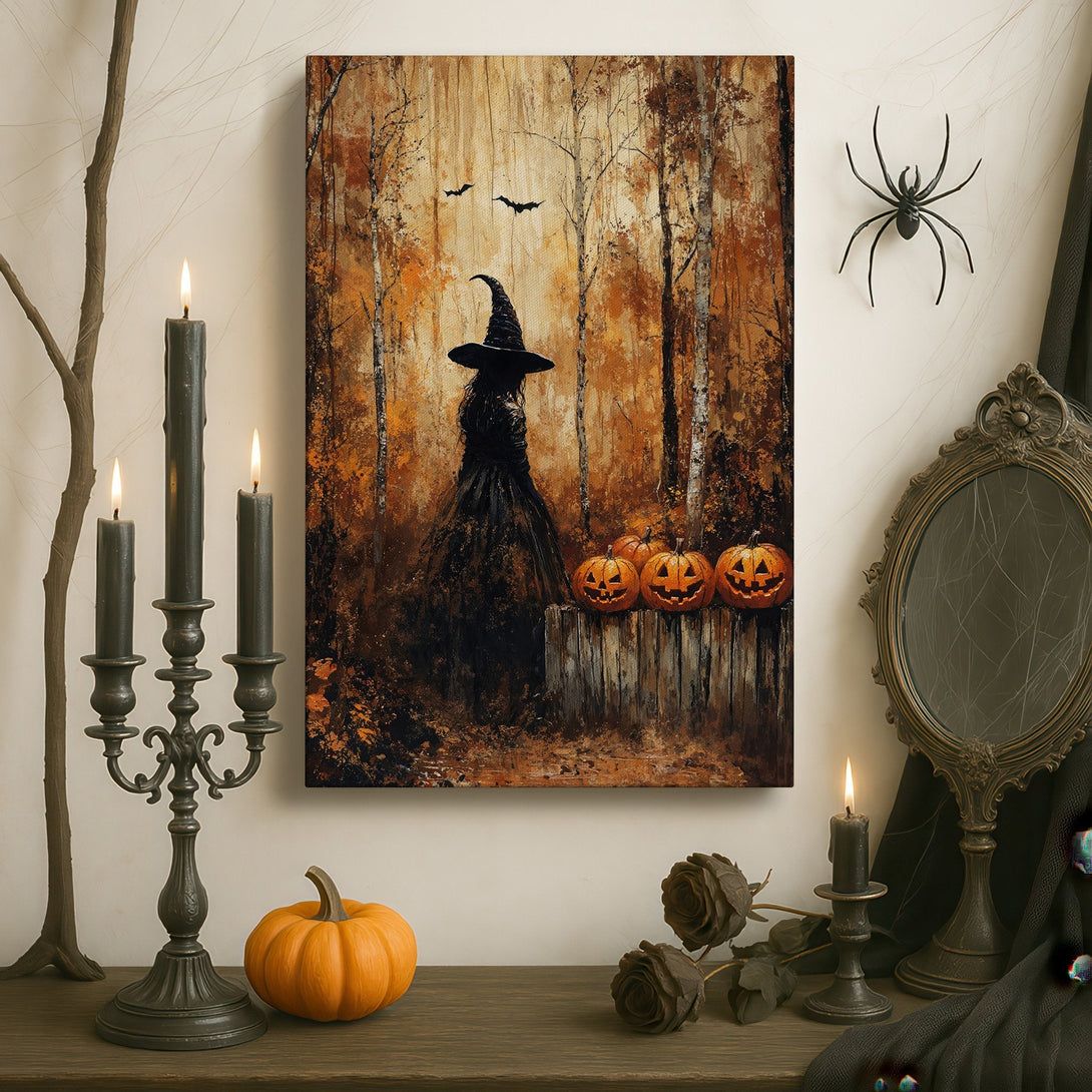 Framed Wall Art: Spooky witch in a forest scene. Warm, autumnal color palette. Perfect Halloween decor! Add a touch of mystery to your home.
