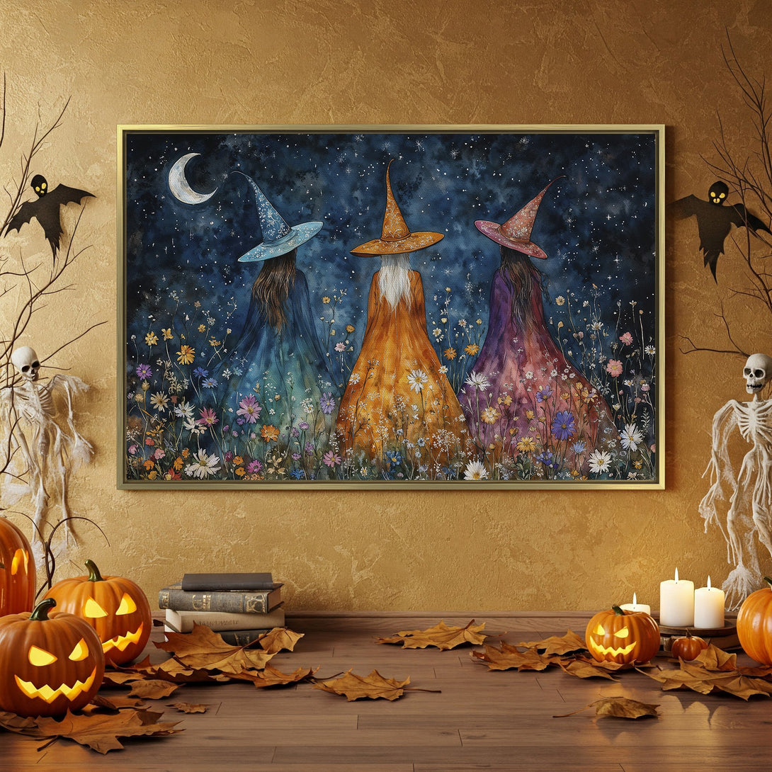 Canvas Print of whimsical witches in a starry night scene. Halloween decor with a moody blue, orange, and purple color palette. Perfect for spooky season!