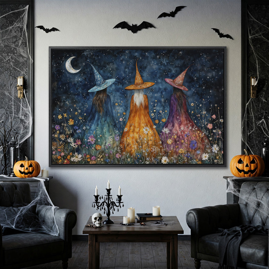Framed Wall Art: Whimsical witch painting with a dark blue, orange, and purple color palette. Perfect Halloween decor!