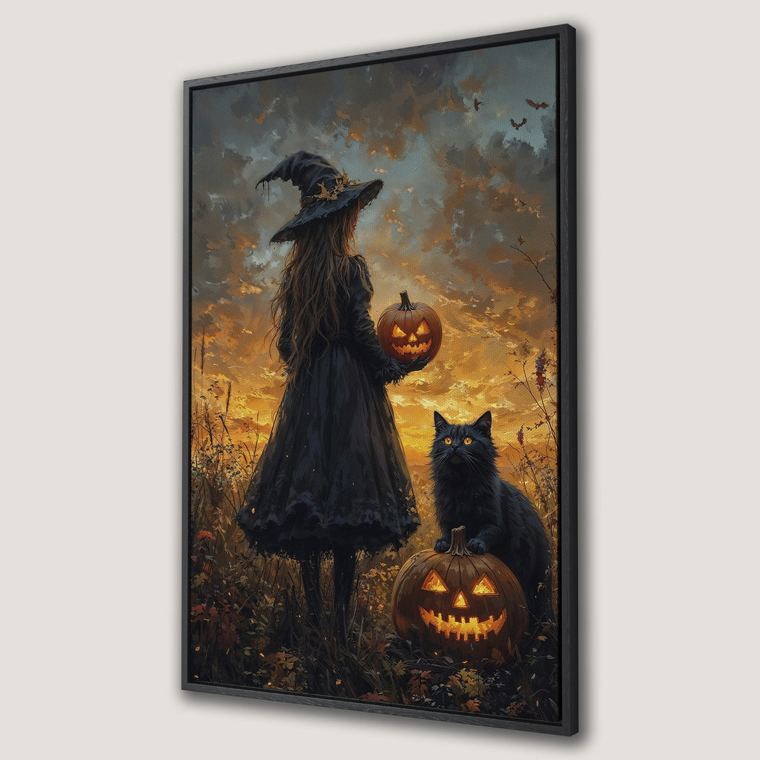 Framed Wall Art featuring a witch, black cat, and pumpkins in a vibrant sunset scene. Perfect Halloween decor with warm orange and black tones.