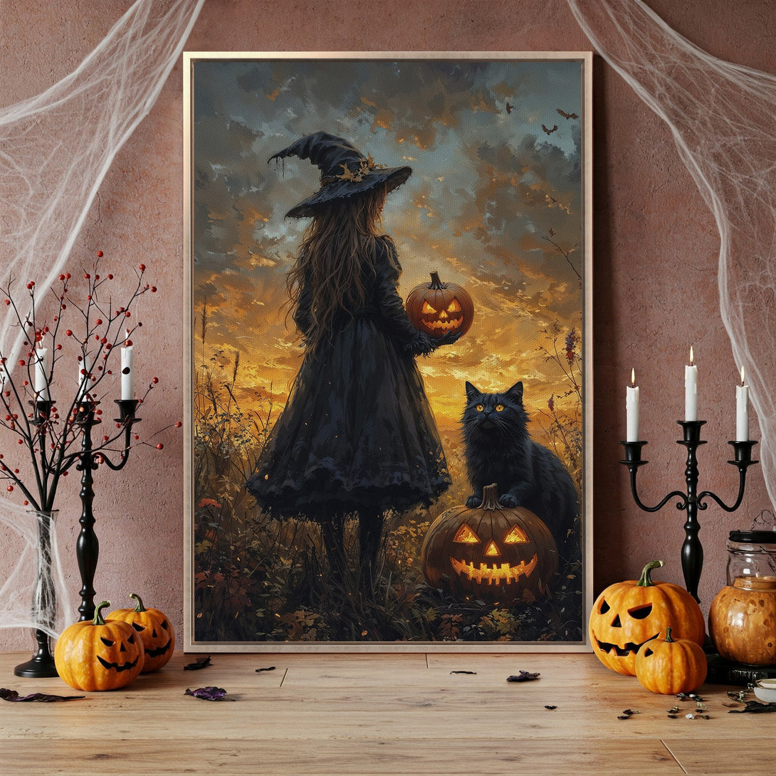 Framed Wall Art: Halloween witch with black cat & pumpkin, warm sunset colors. Perfect spooky decor for your home!