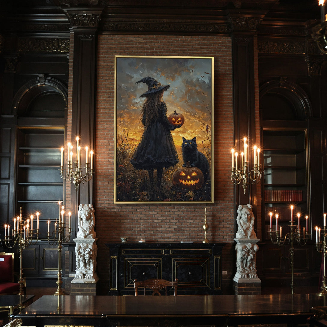 Canvas Print: Witch and black cat in a Halloween scene, warm orange and black color palette, perfect spooky decor.