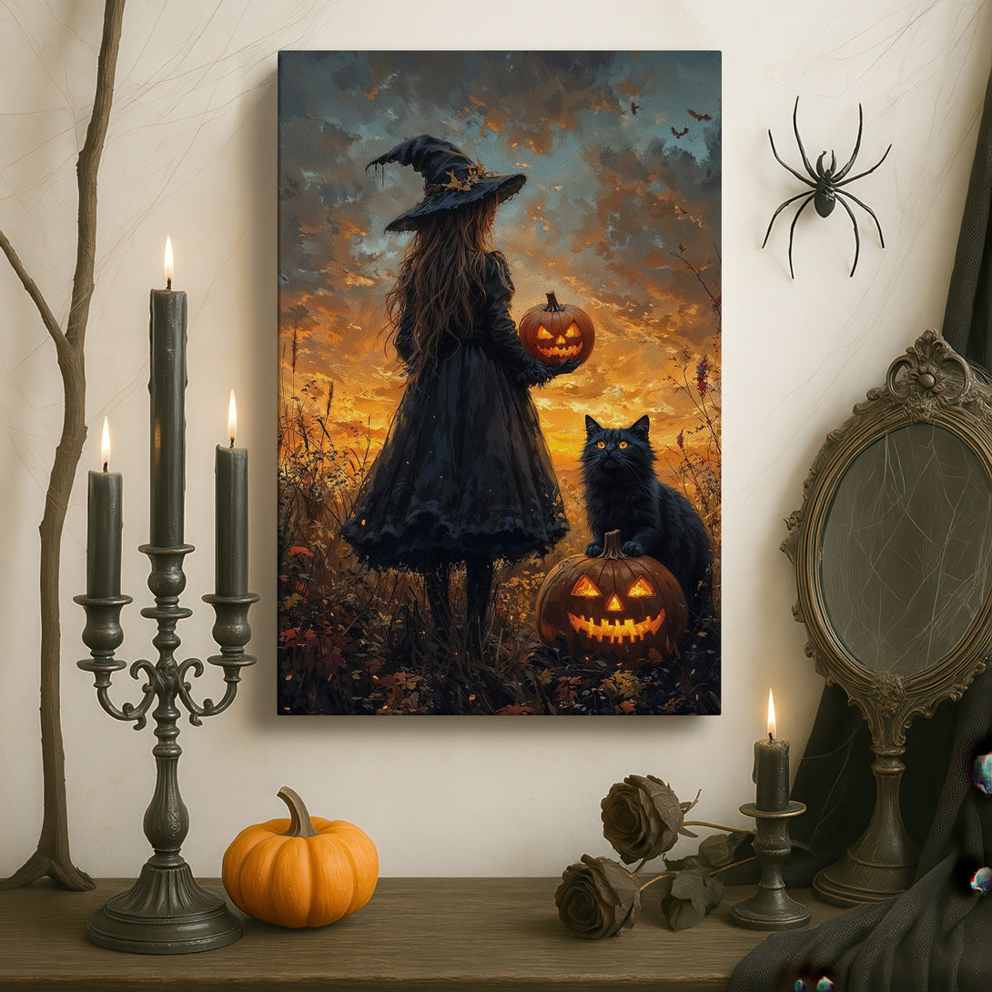 Framed Wall Art: Spooky Halloween scene with a witch, black cat, and pumpkins. Warm sunset color palette. Perfect for adding a touch of magic to your home.